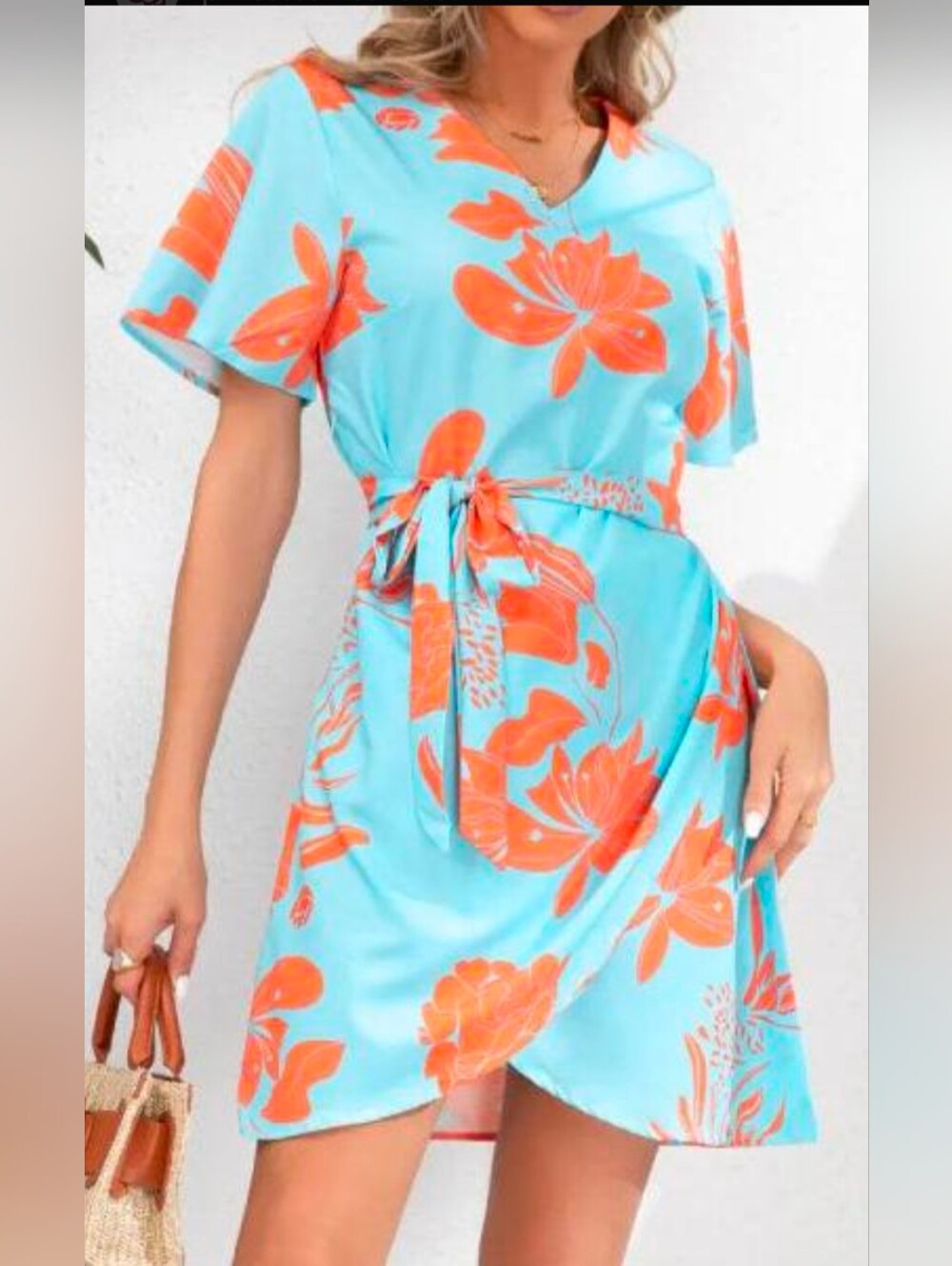 Summer Dress  Floral Tie-Waist Dress in Light Blue & Coral Small